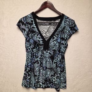 Soft Womens Y2K Butterfly Babydoll Tunic Top V-Neck M Vintage Gilligan O Malley